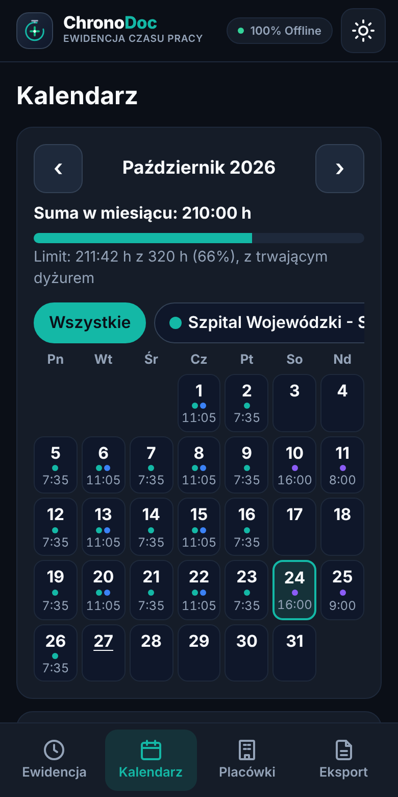 Kalendarz miesięczny z godzinami w poszczególnych dniach i kolorami placówek