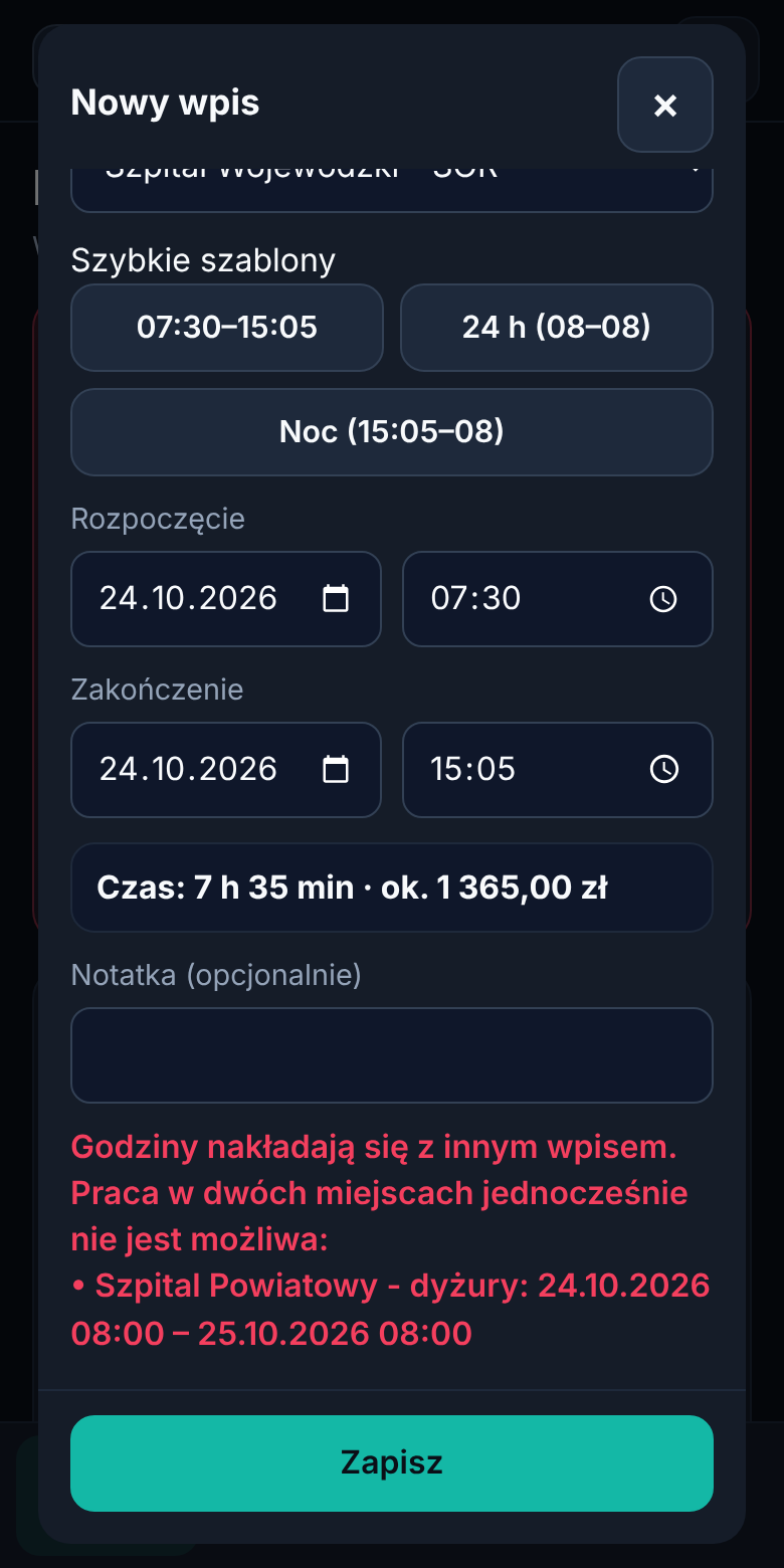 Okno nowego wpisu z komunikatem: godziny nakładają się z innym wpisem, praca w dwóch miejscach jednocześnie nie jest możliwa